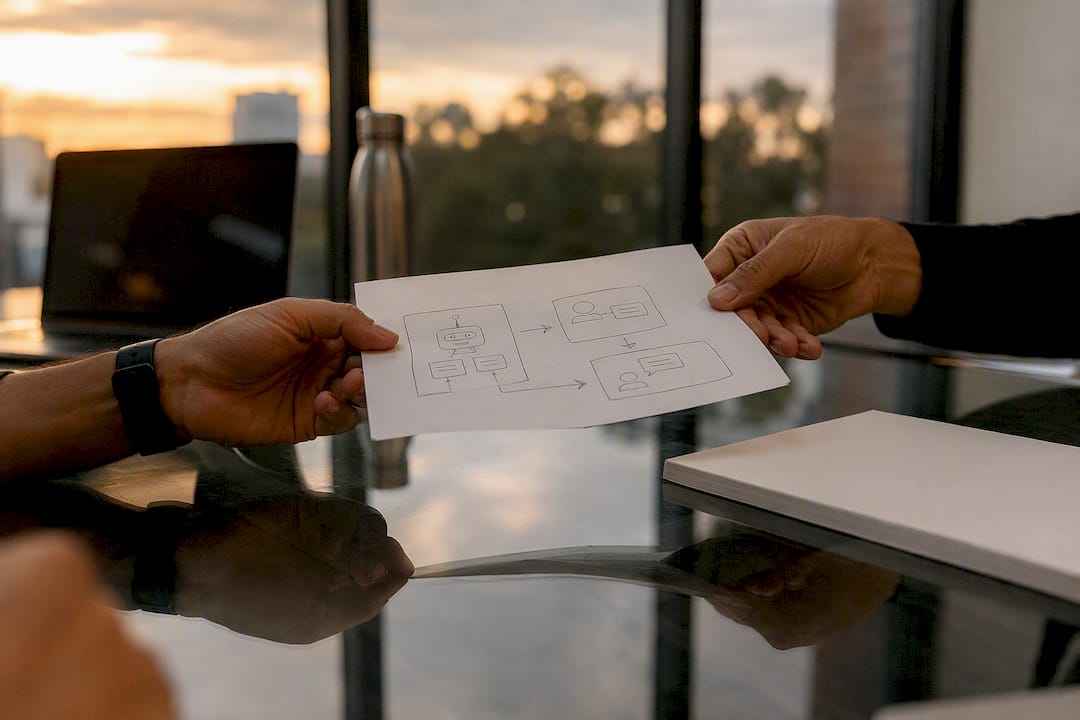 Hands exchanging notes about hybrid chatbot setup