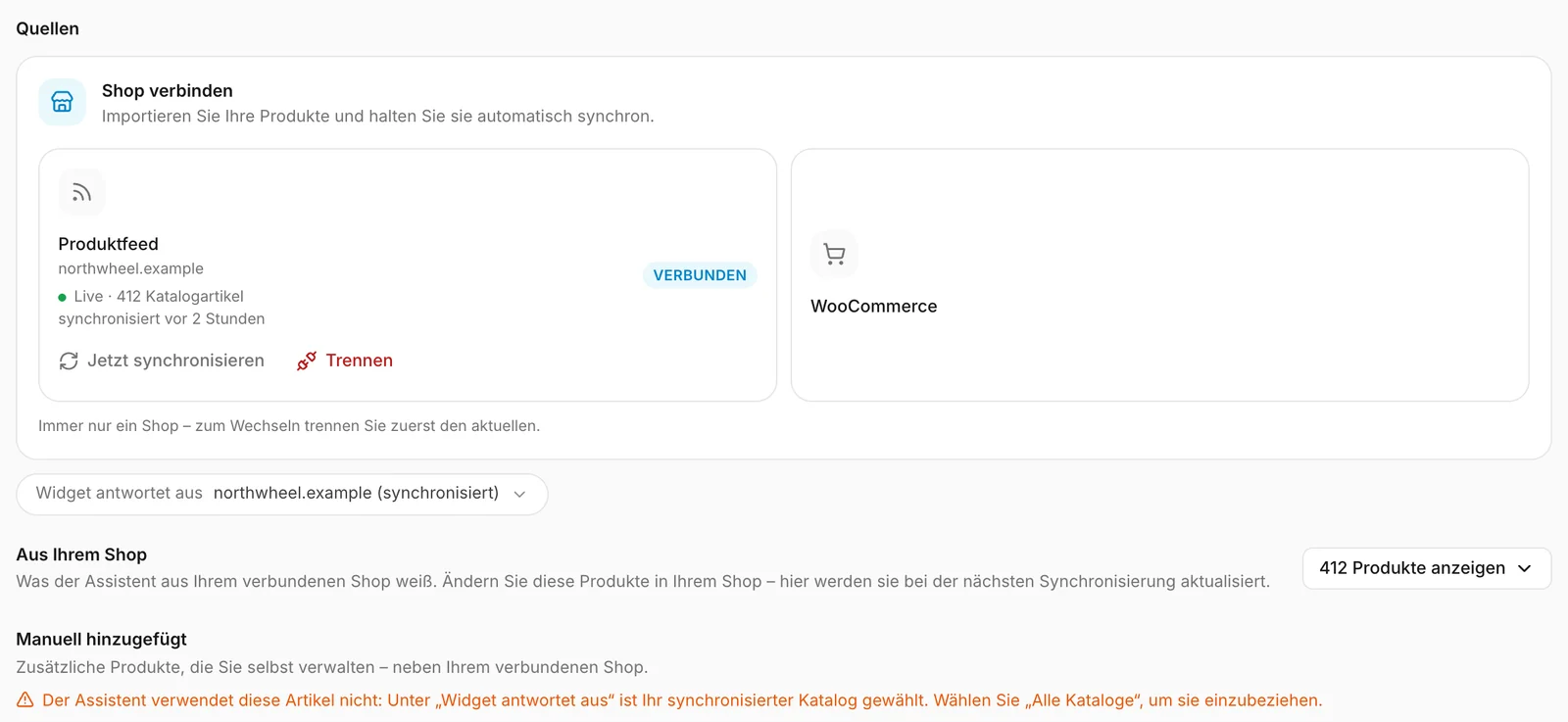 Ein verbundener Feed und der Katalog, aus dem der Assistent antwortet