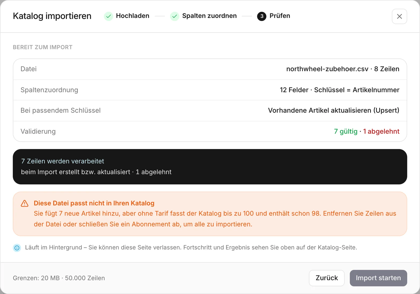 Der letzte Schritt eines Imports, angehalten, weil die neuen Artikel nicht passen