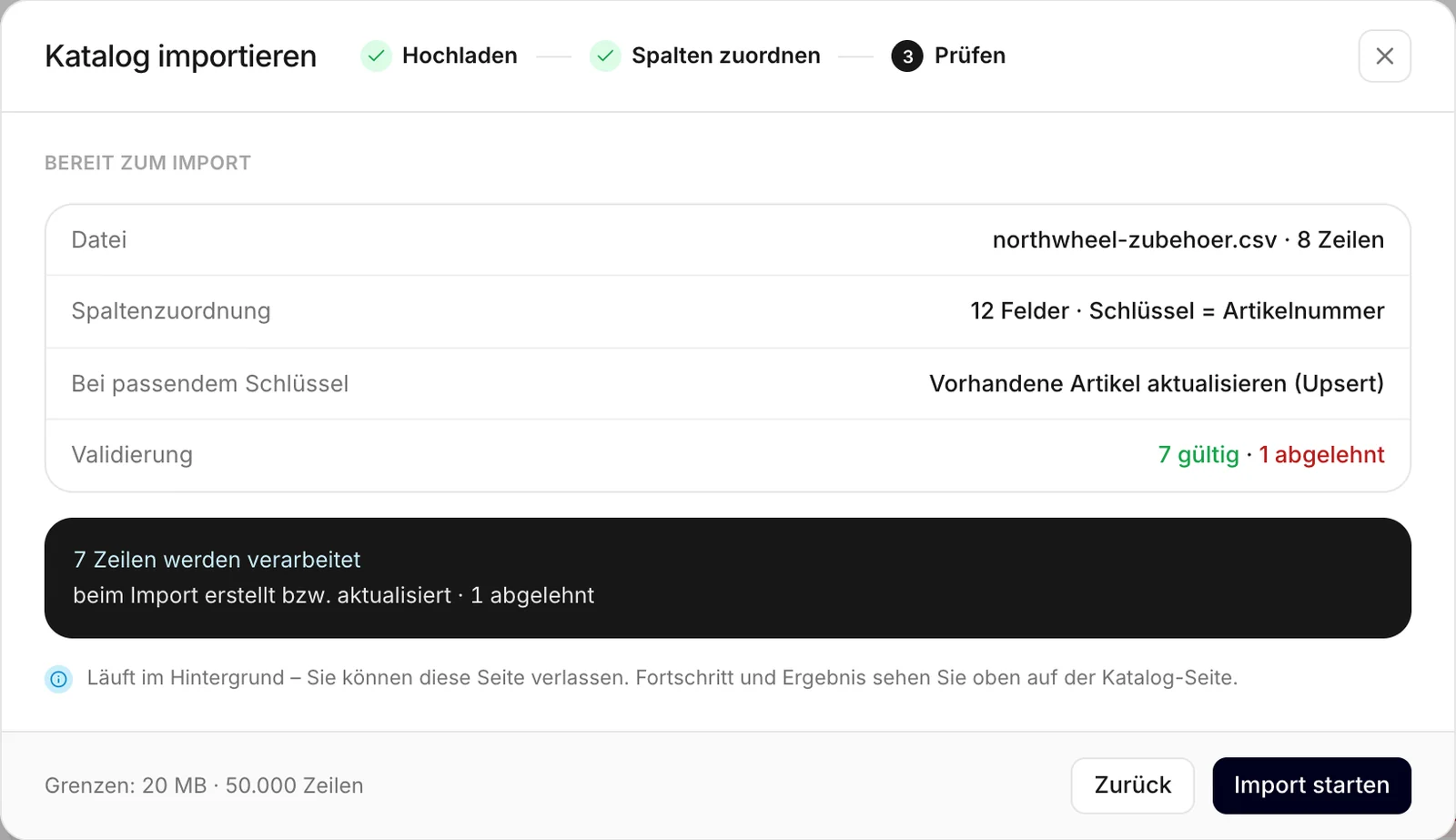 Die Zusammenfassung vor dem Start des Imports