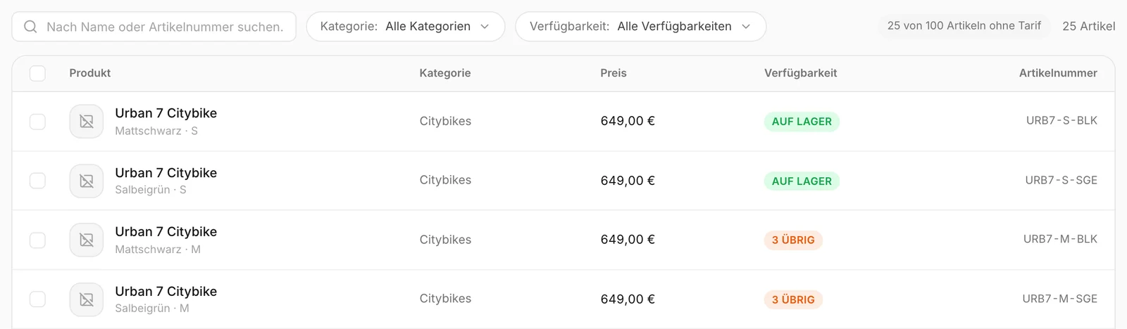 Ein Unternehmen ohne Tarif, das 25 seiner 100 Artikel genutzt hat