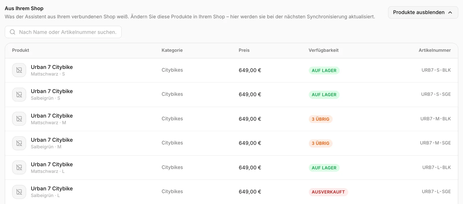 Die Produkte aus einem verbundenen Shop, aufgelistet und durchsuchbar