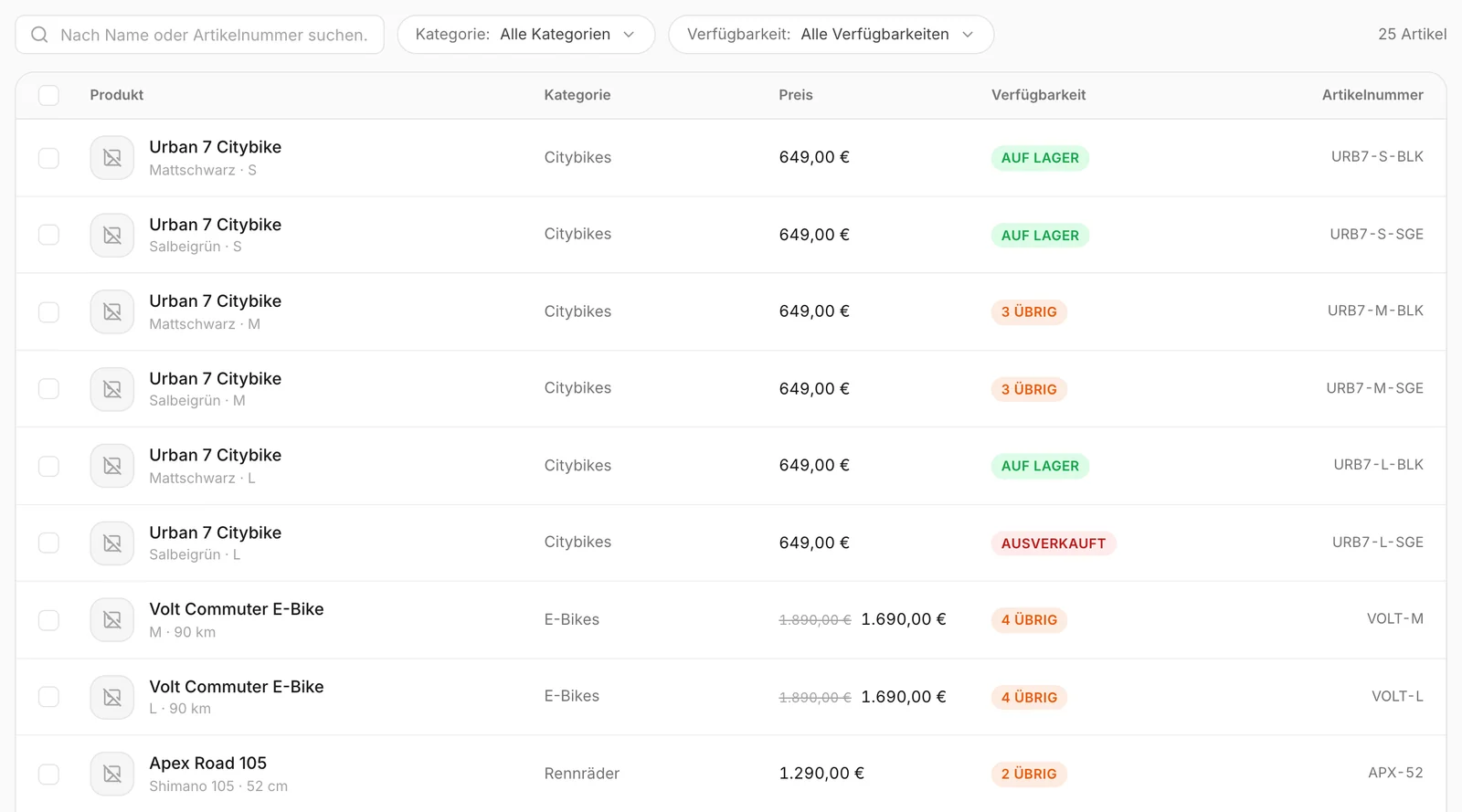 Die Artikelliste mit Suche und Filtern