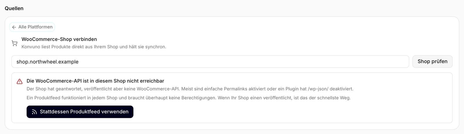 Die Prüfung hat keine WooCommerce-API gefunden und bietet einen Produktfeed an
