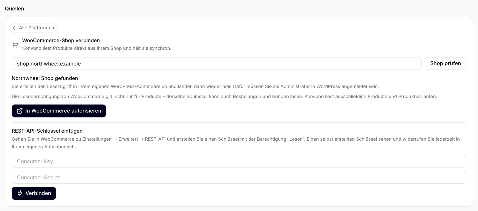 Ein gefundener Shop, mit der Autorisierung per Klick und der Möglichkeit, einen Schlüssel einzufügen