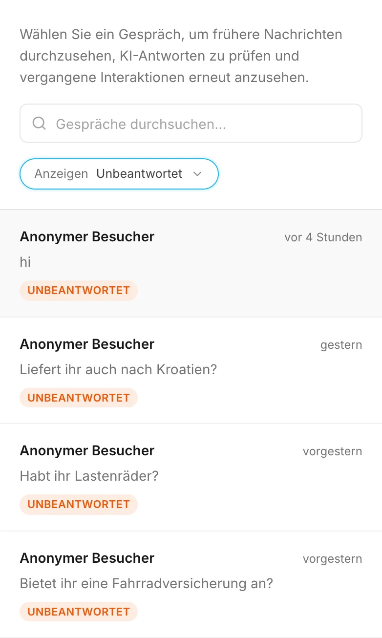 Der Filter Unbeantwortet: Begrüßungen und Fragen, die der Assistent nicht beantworten konnte