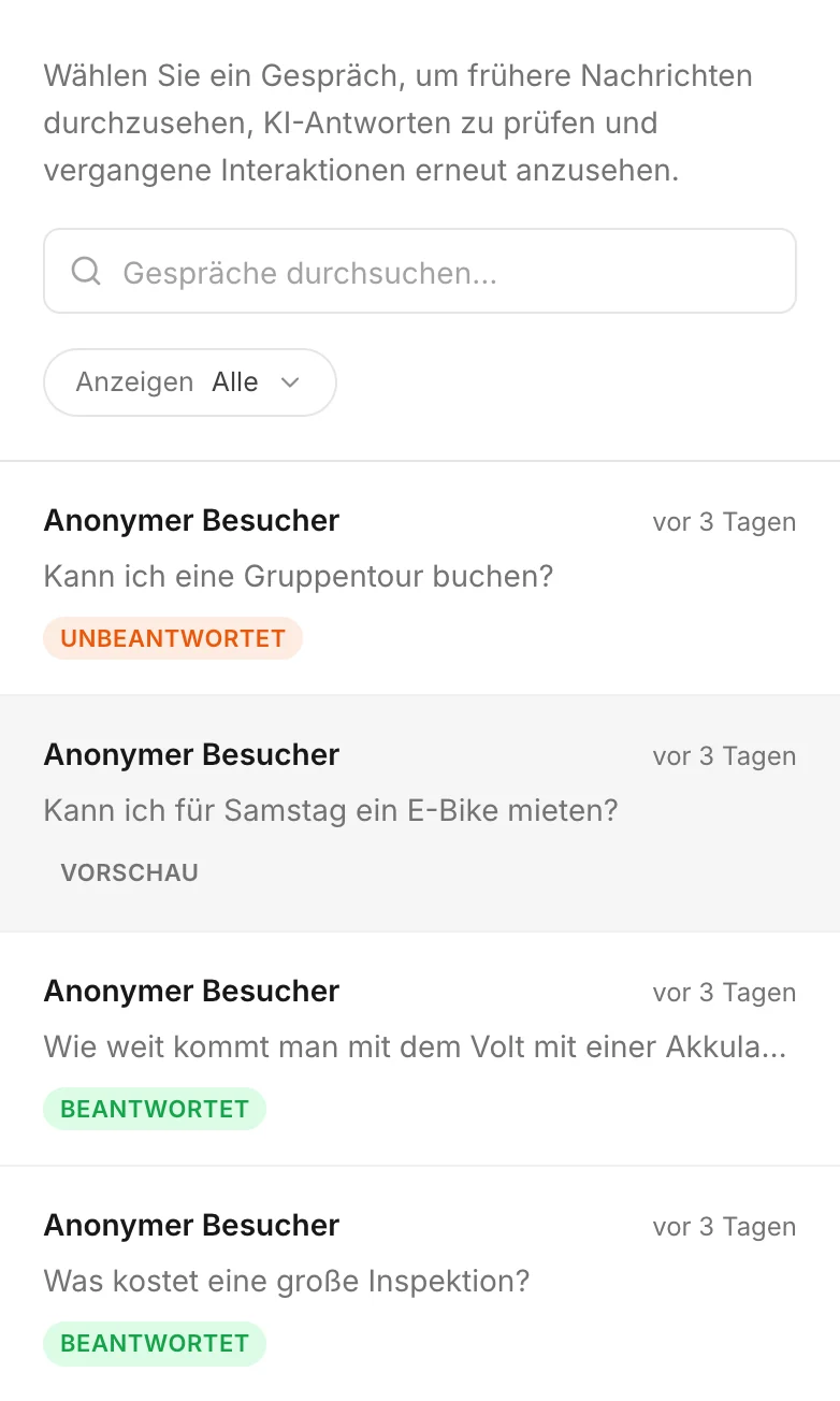 Kennzeichnungen in der Liste: beantwortet, ein Test-Chat und automatisierter Datenverkehr