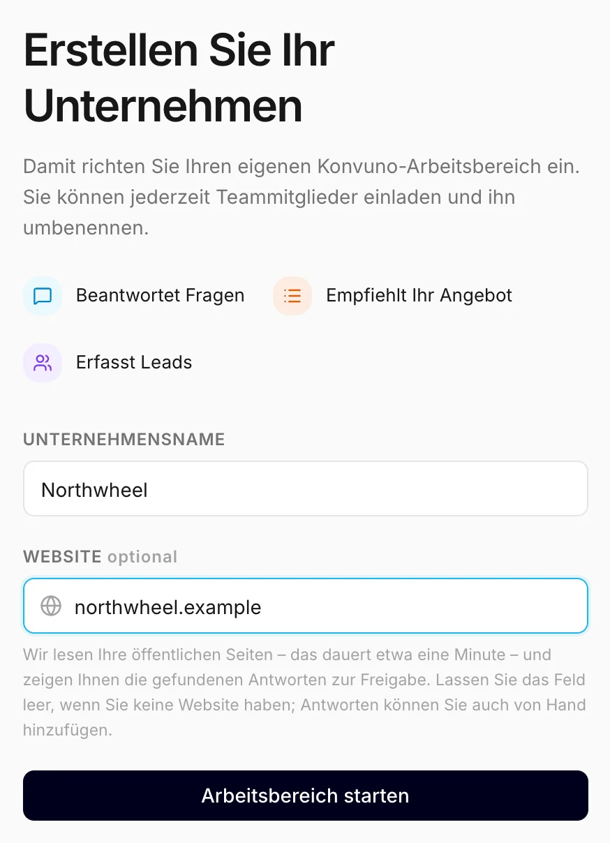 Die Seite zum Anlegen Ihres Unternehmens