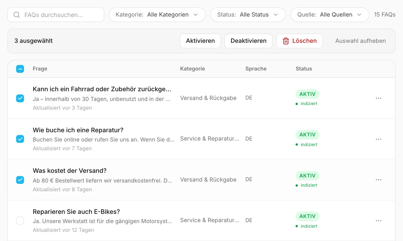 Drei ausgewählte FAQs, mit den passenden Aktionen über der Liste