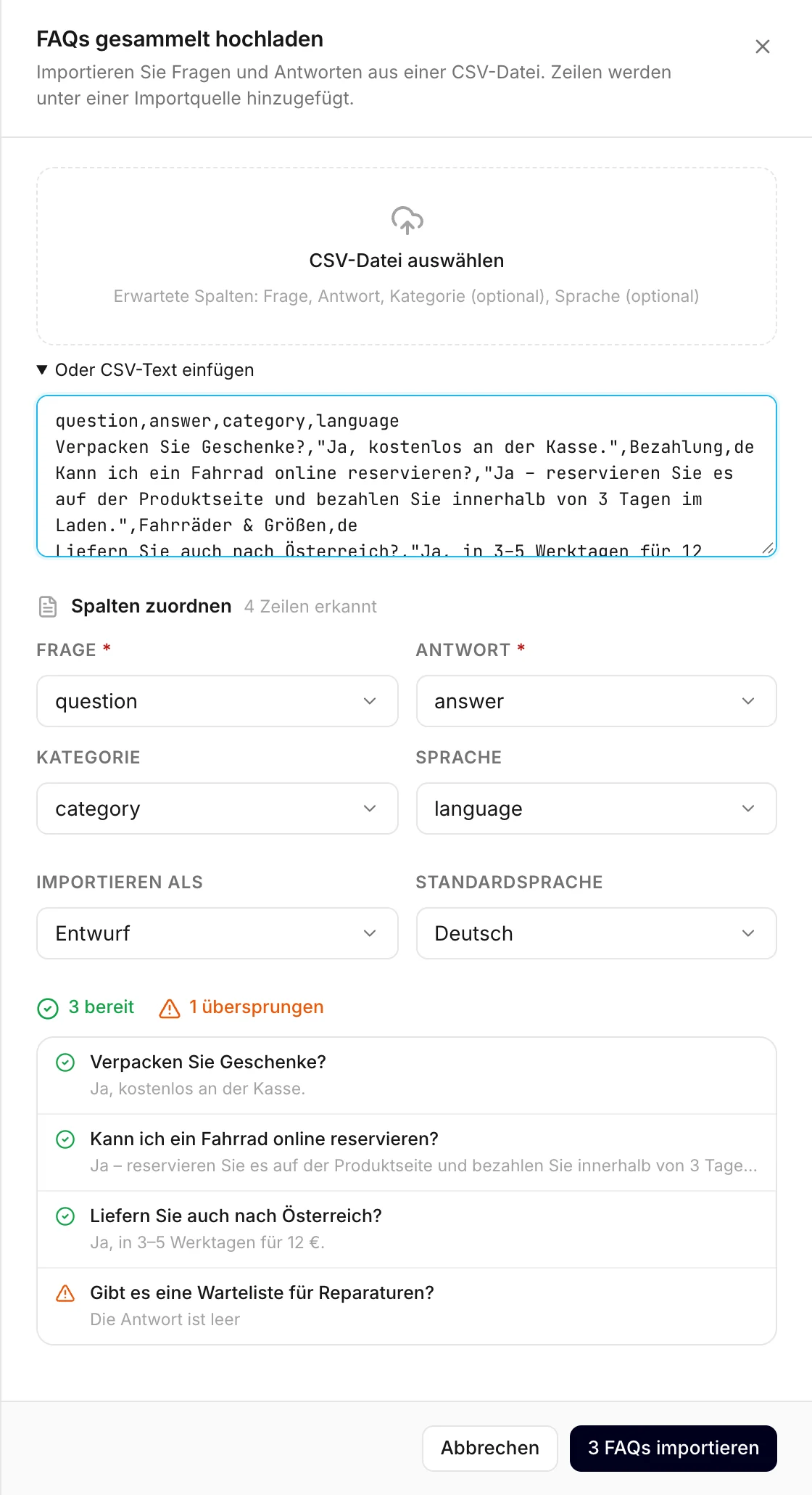 Eine eingefügte CSV, mit zugeordneten Spalten und einer Vorschau der Zeilen