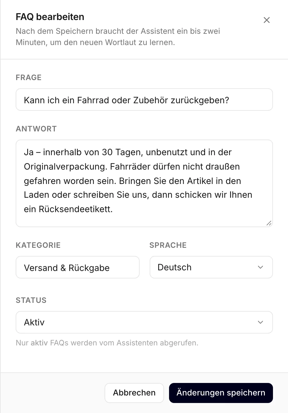 Das FAQ-Formular, hier beim Bearbeiten einer bestehenden FAQ