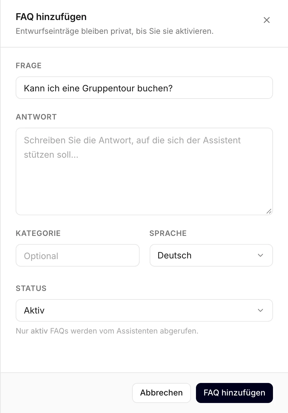 Das FAQ-Formular, aus einer fehlenden Antwort geöffnet, mit eingetragener Frage