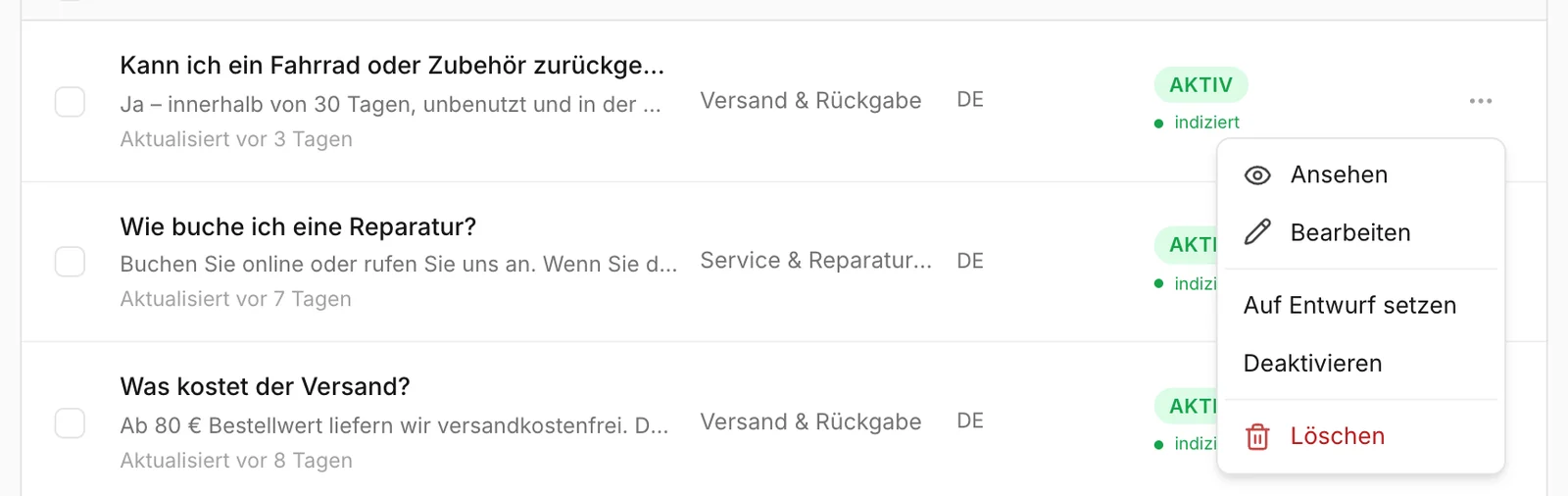 Das Menü am Ende einer FAQ-Zeile
