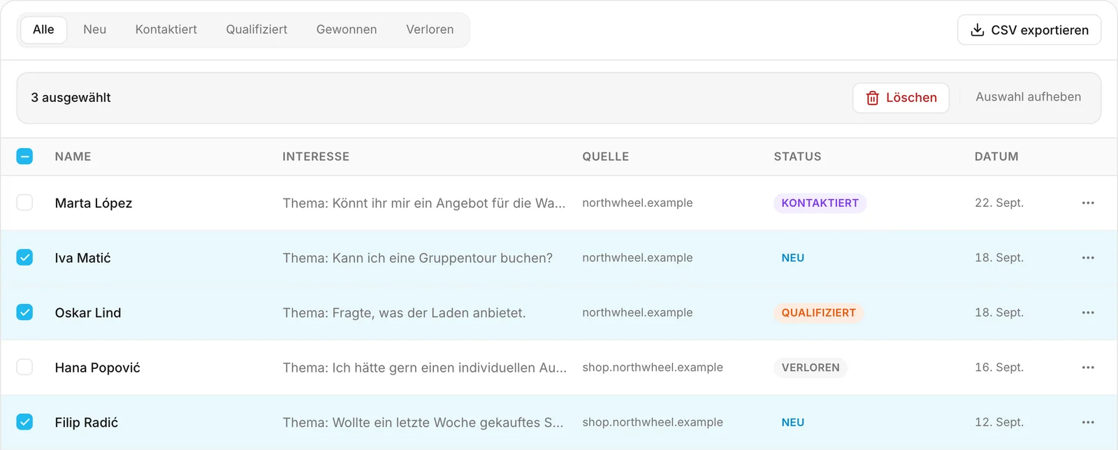 Drei ausgewählte Leads und die Leiste mit dem Lösch-Button über der Liste