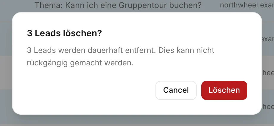 Konvuno fragt nach, bevor es die ausgewählten Leads löscht
