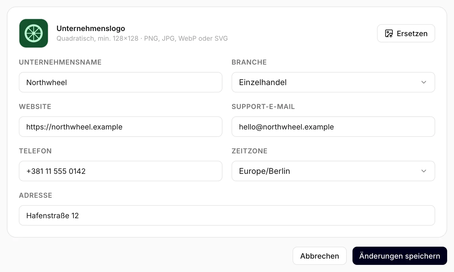Das Unternehmensprofil mit dem Feld Support-E-Mail