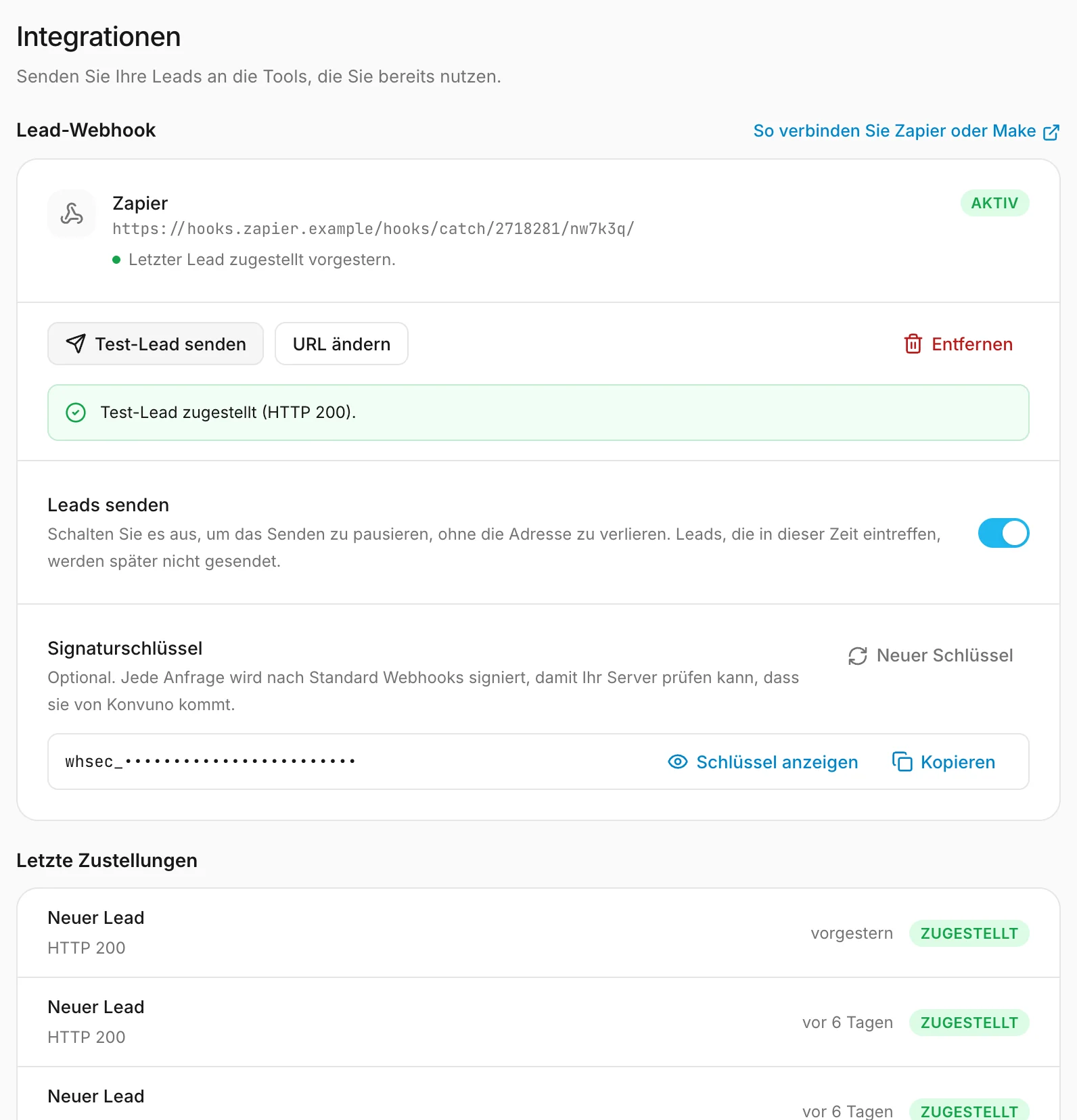 Der Webhook nach einem Test-Lead: die Adresse, ihr Status und die letzten Zustellungen