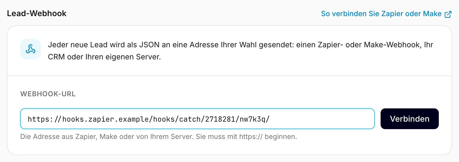 Die Karte des Lead-Webhooks in den Einstellungen, mit einer eingetragenen Zapier-Adresse