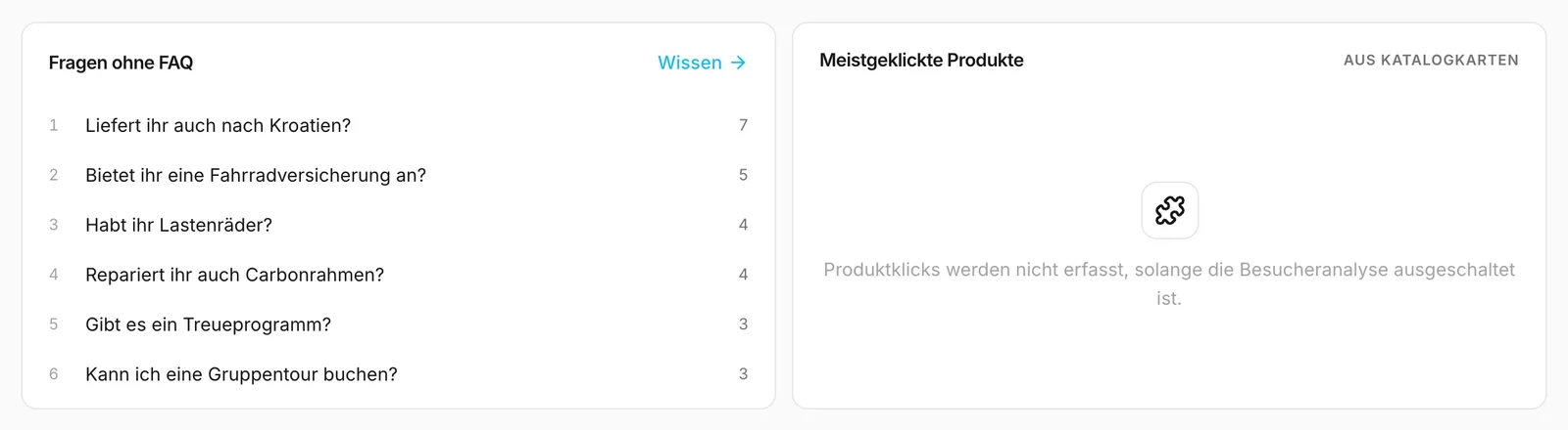 Die Fragen ohne FAQ neben der Produktliste, die vorerst leer bleibt