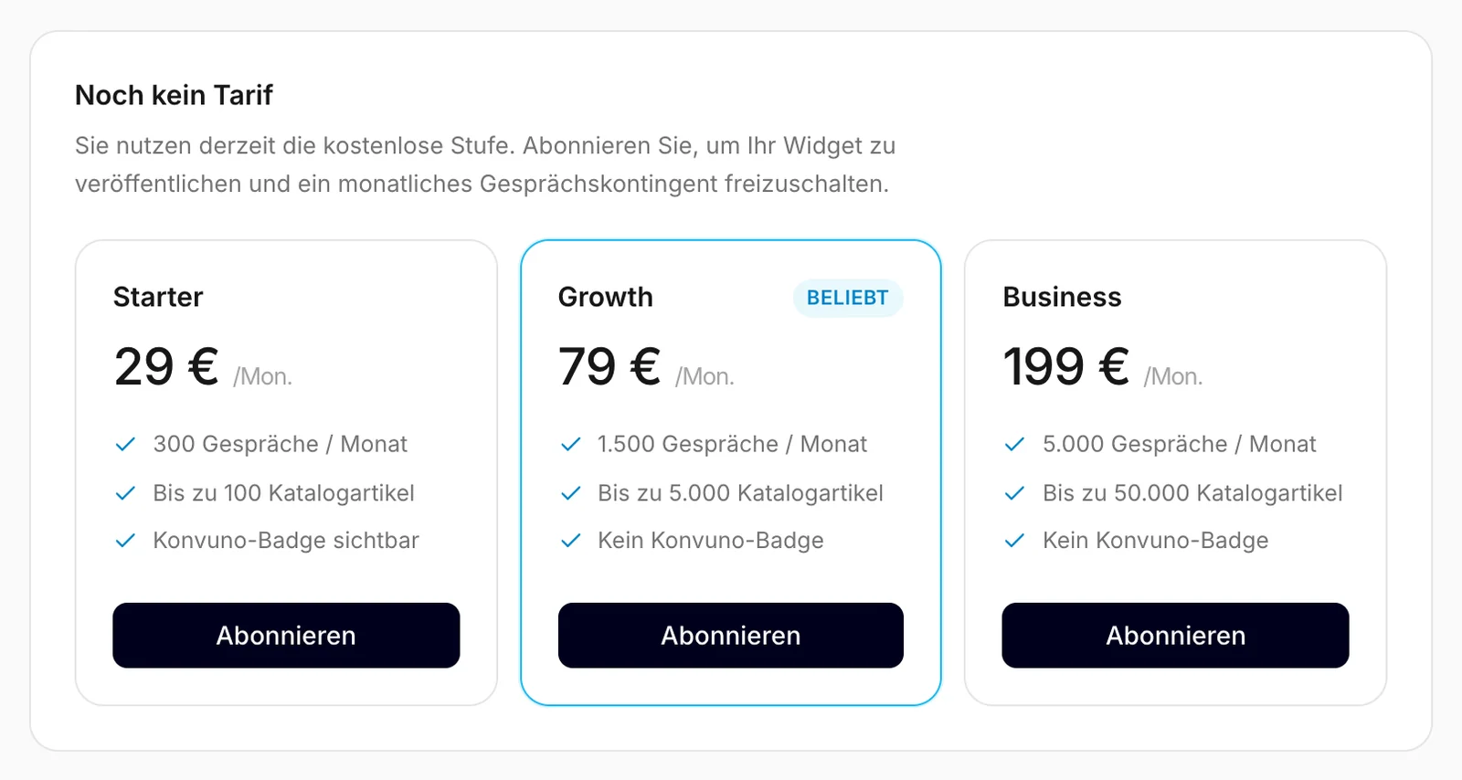 Ein Unternehmen ohne Tarif sieht die Tarife zur Auswahl