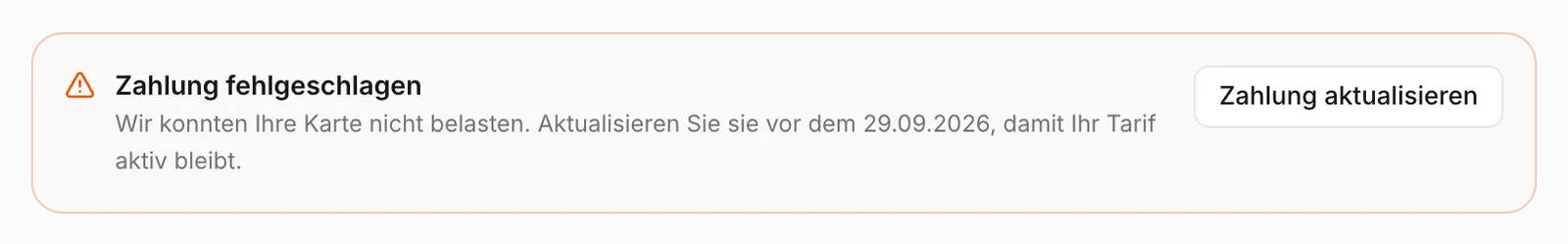 Das Banner nach einer fehlgeschlagenen Zahlung