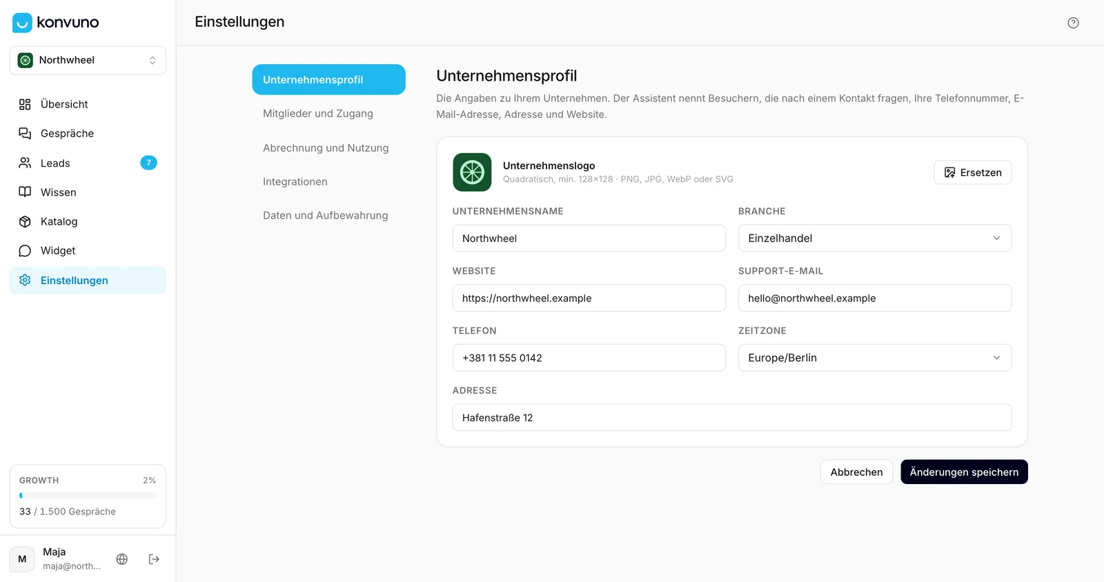 Die Einstellungen, geöffnet beim Unternehmensprofil