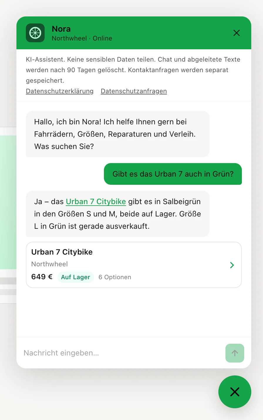 Eine Antwort, die ein Produkt nennt, mit seiner Produktkarte darunter