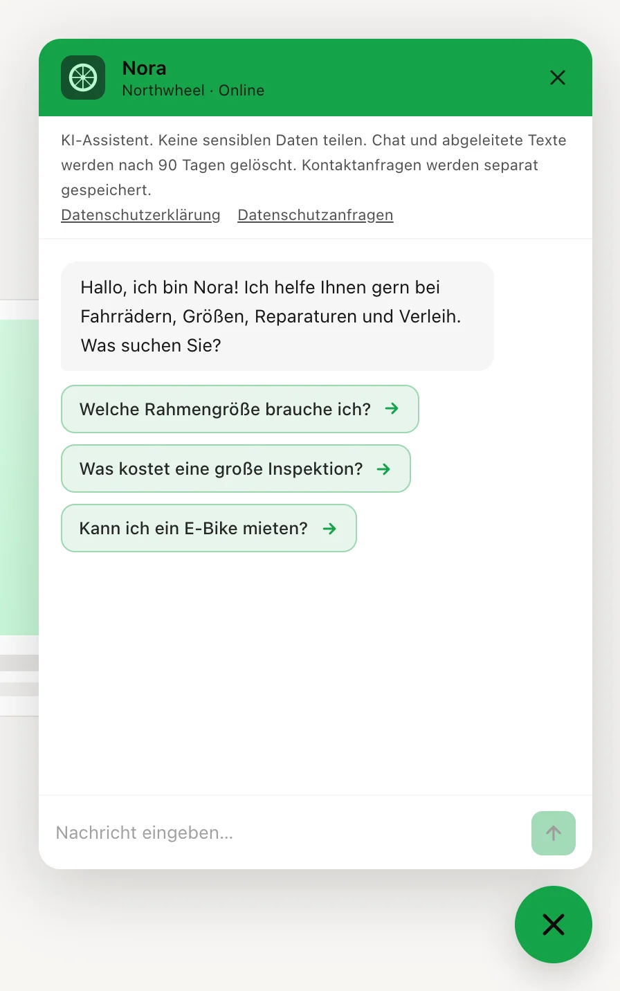 Der geöffnete Chat: Kopfzeile, Datenschutzhinweis, Willkommensnachricht und vorgeschlagene Fragen