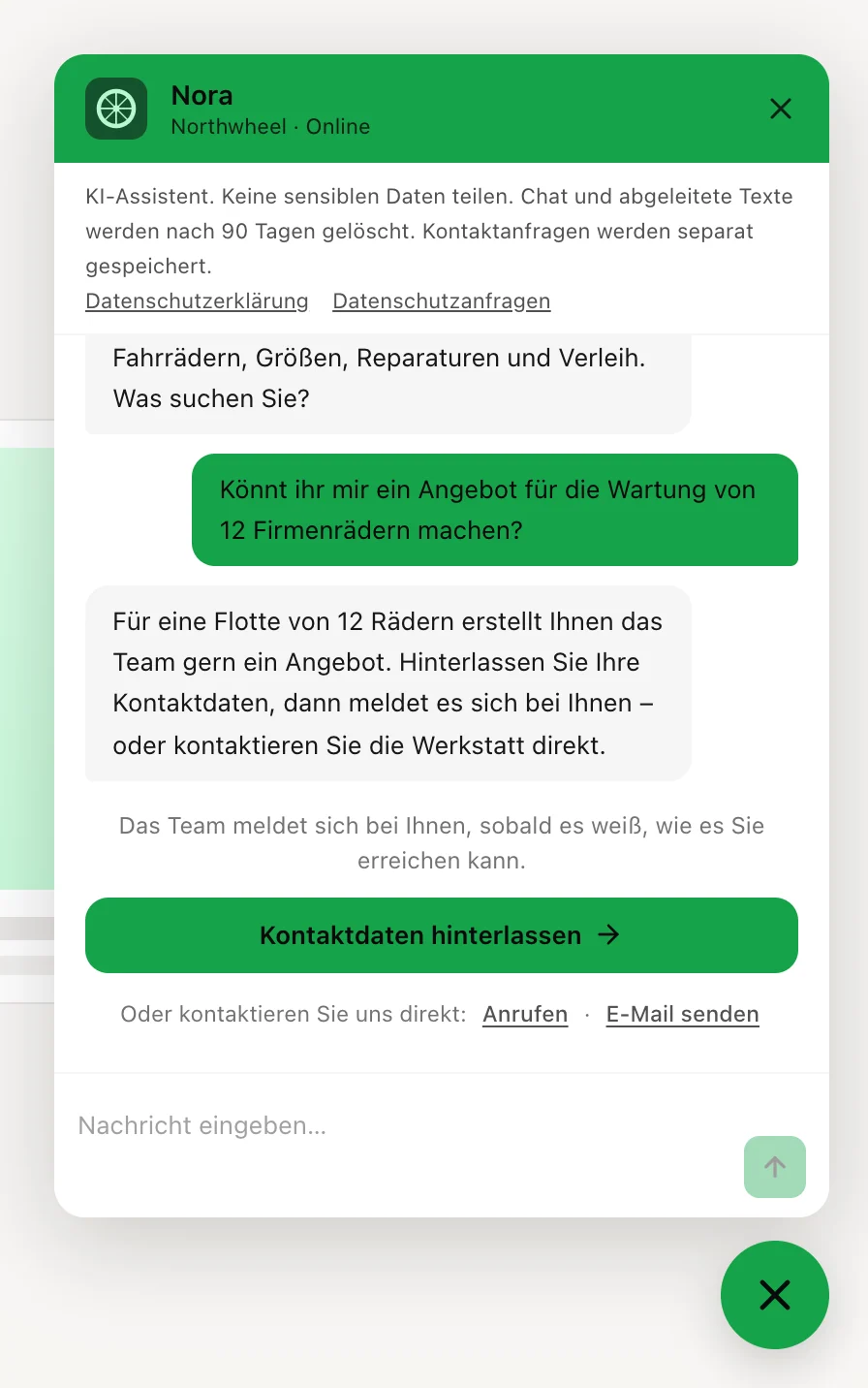 Eine Antwort mit Übergabe, darunter der Kontakt-Button und die direkten Kontaktwege