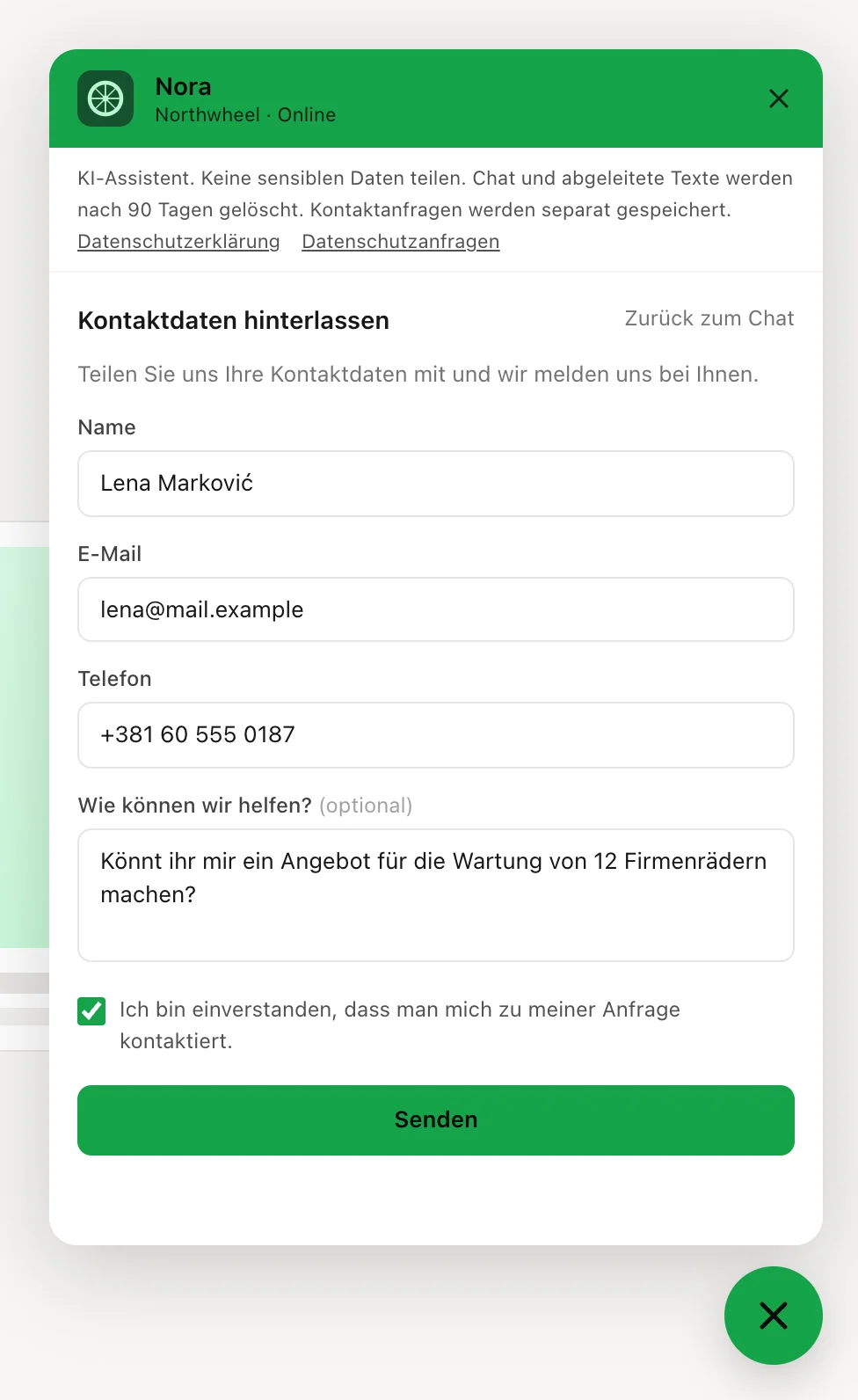 Das ausgefüllte Kontaktformular mit angehaktem Einwilligungs-Kästchen