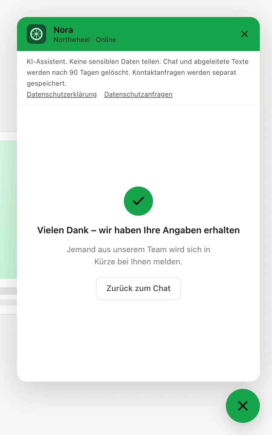 Die Bestätigung nach dem Senden des Kontaktformulars