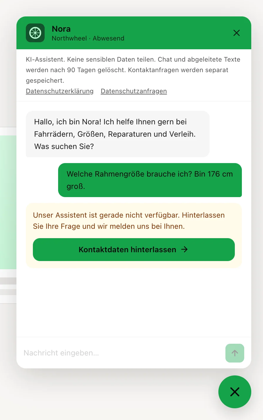 Der pausierte Chat: der Hinweis, dass der Assistent nicht verfügbar ist, mit dem Kontakt-Button