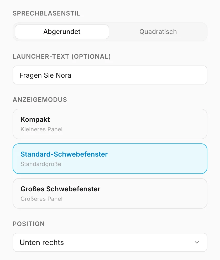 Sprechblasenstil, Launcher-Text, Anzeigemodus und Position