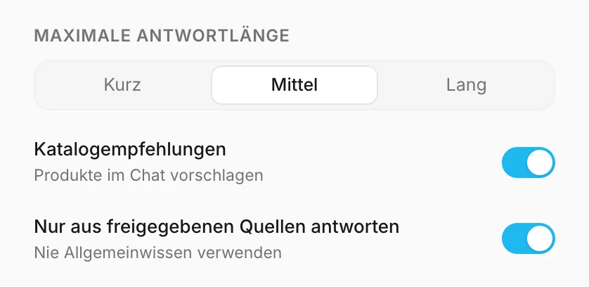 Antwortlänge, Katalogempfehlungen und freigegebene Quellen