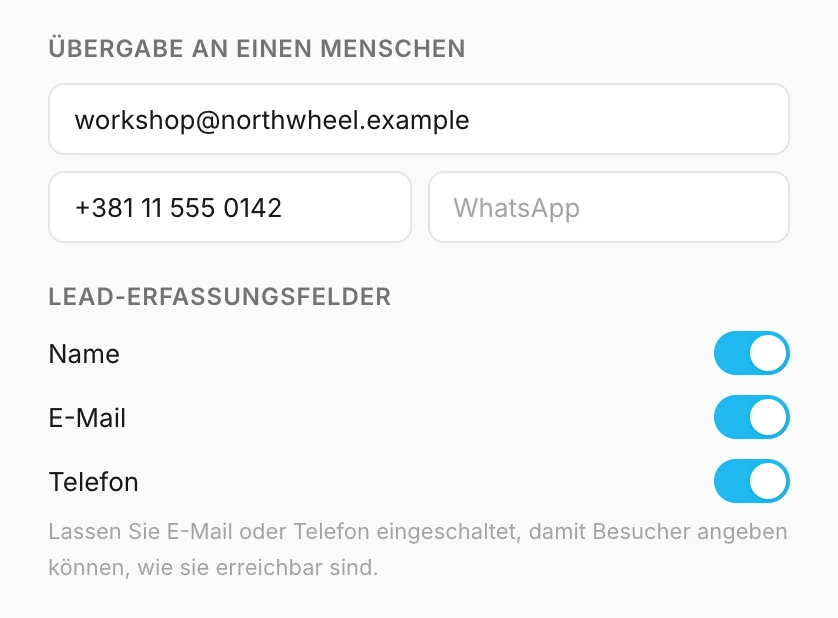 Übergabe an einen Menschen und Felder für die Lead-Erfassung