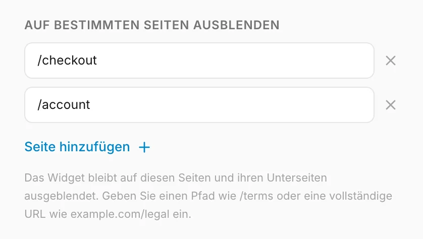 Seiten, auf denen das Widget ausgeblendet bleibt