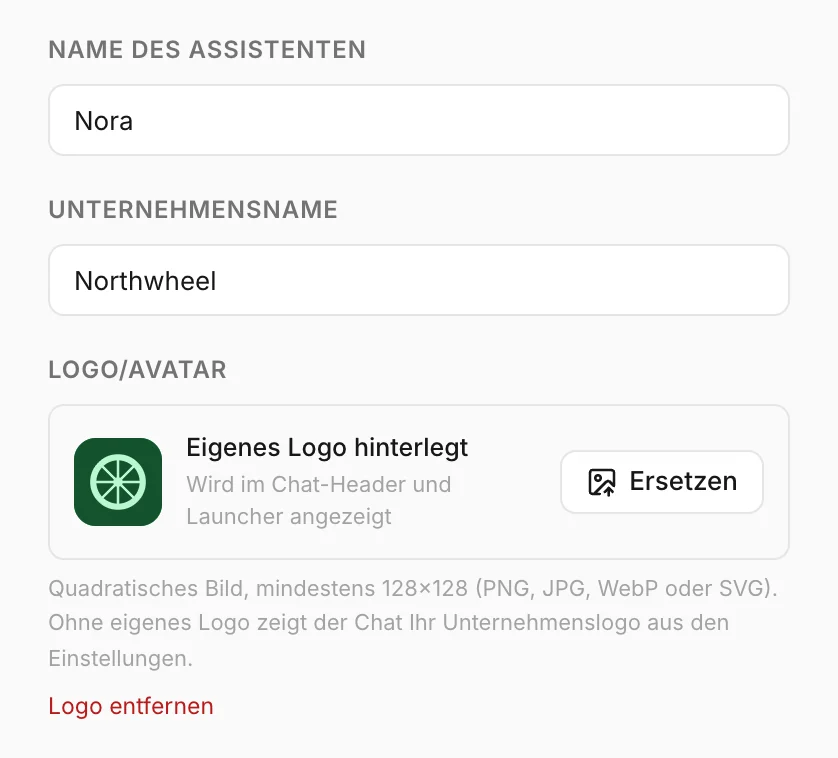 Name des Assistenten, Unternehmensname und Logo auf dem Tab Identität