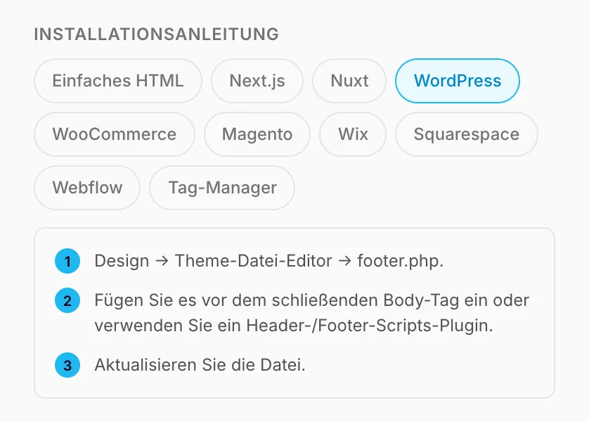 Die Installationsanleitung mit den Schritten für WordPress