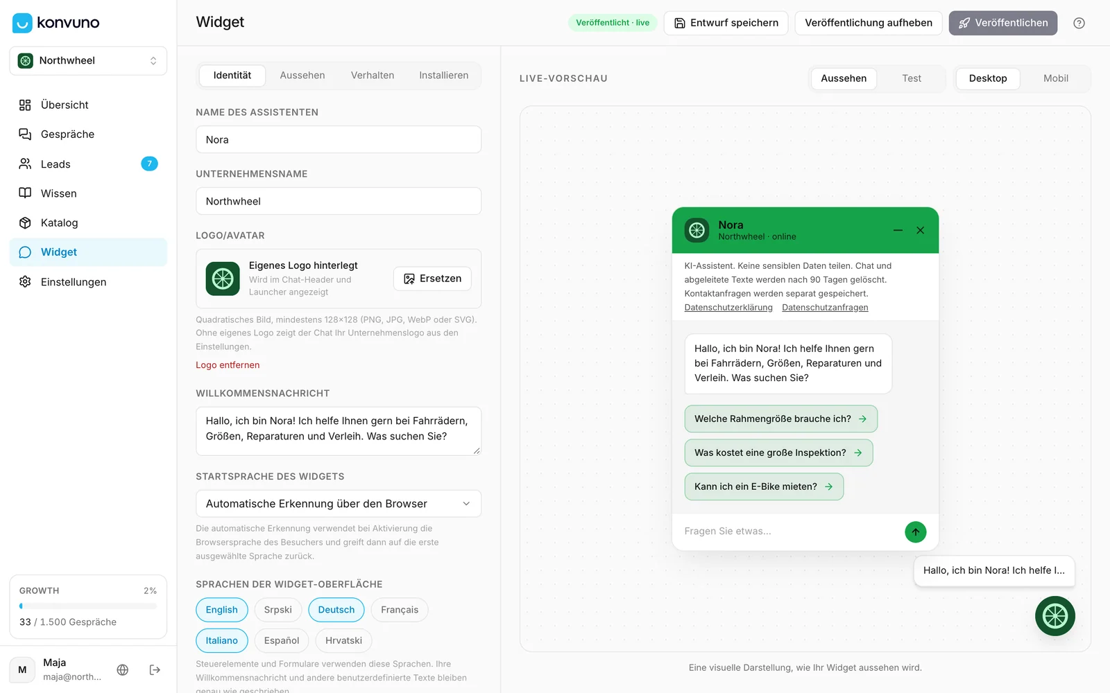 Die Seite Widget: Einstellungen links, eine Live-Vorschau rechts