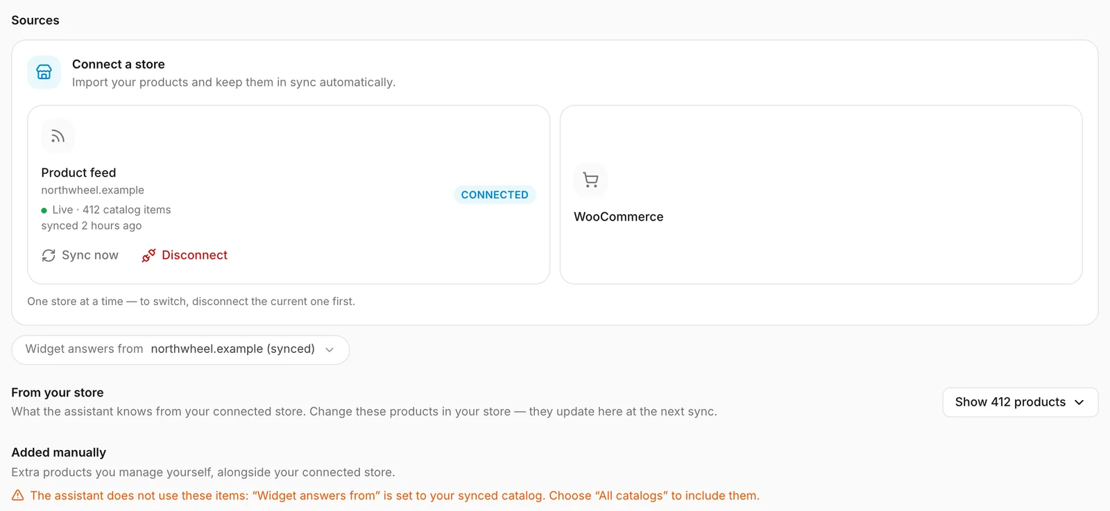 A connected feed, and which catalog the assistant answers from