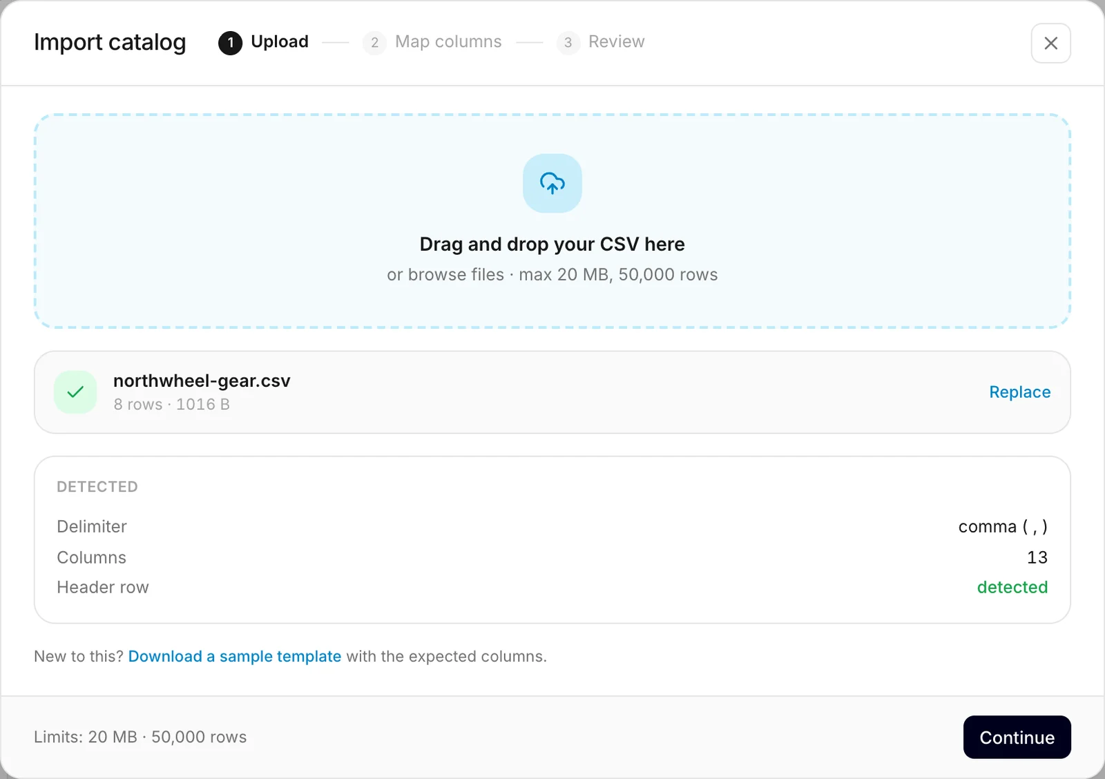 The Upload step with a file picked