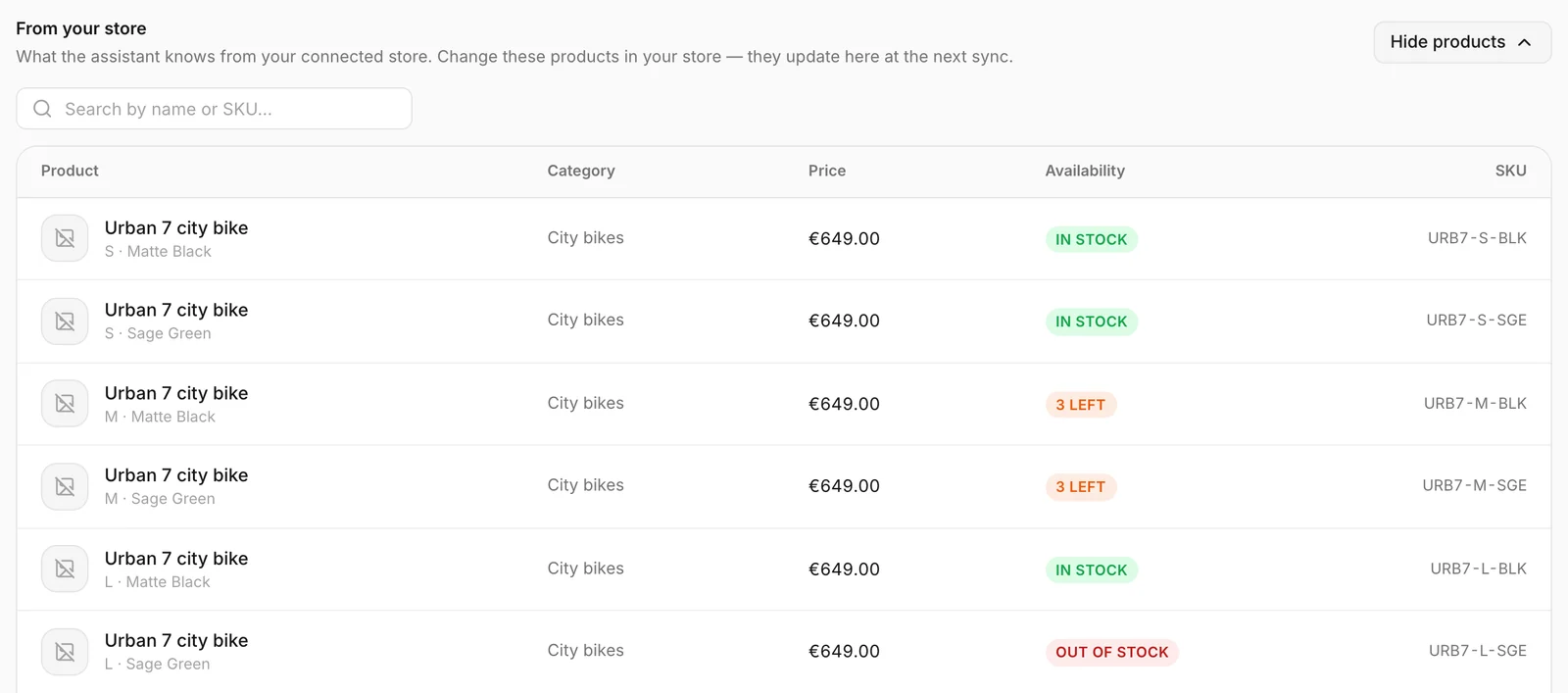The products from a connected shop, listed and searchable