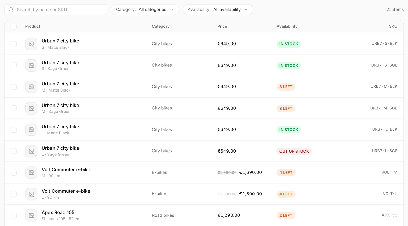 The item list with its search and filters