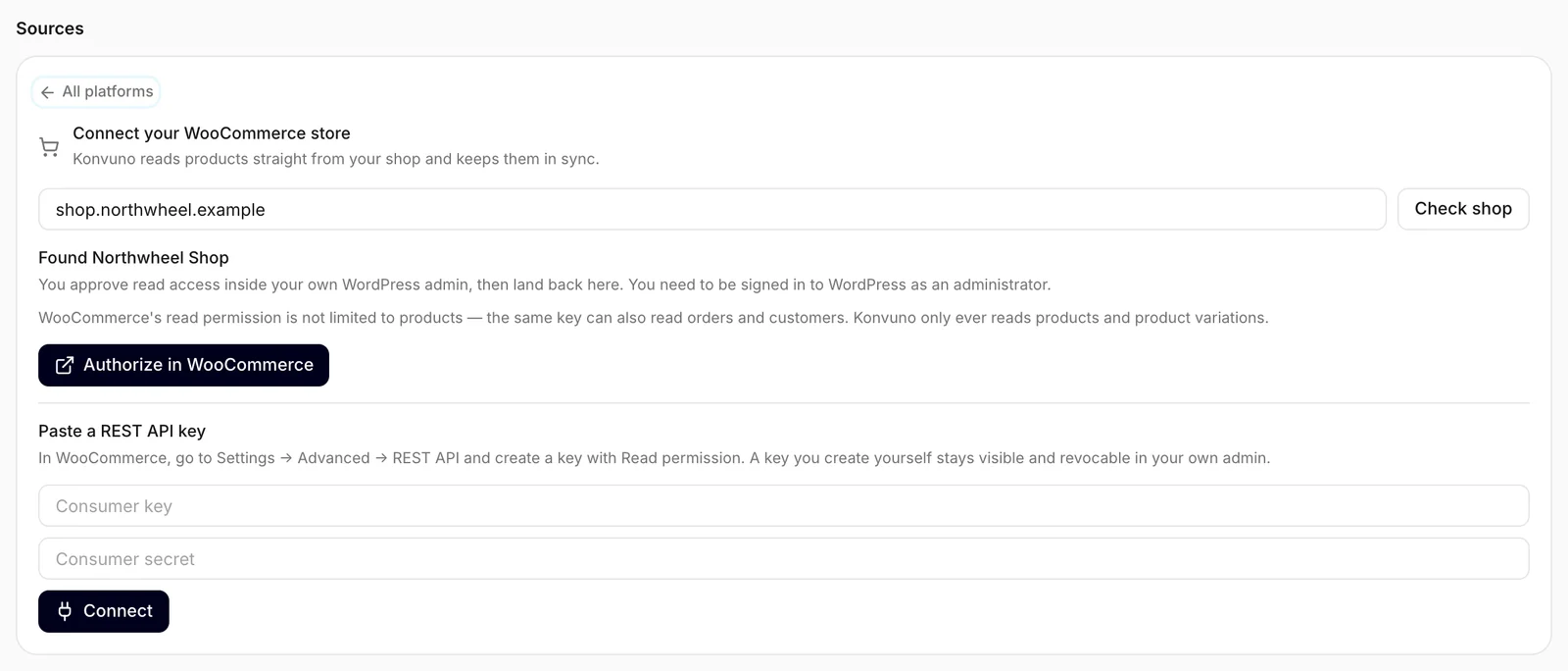 A shop found, with the one-click authorization and the option to paste a key