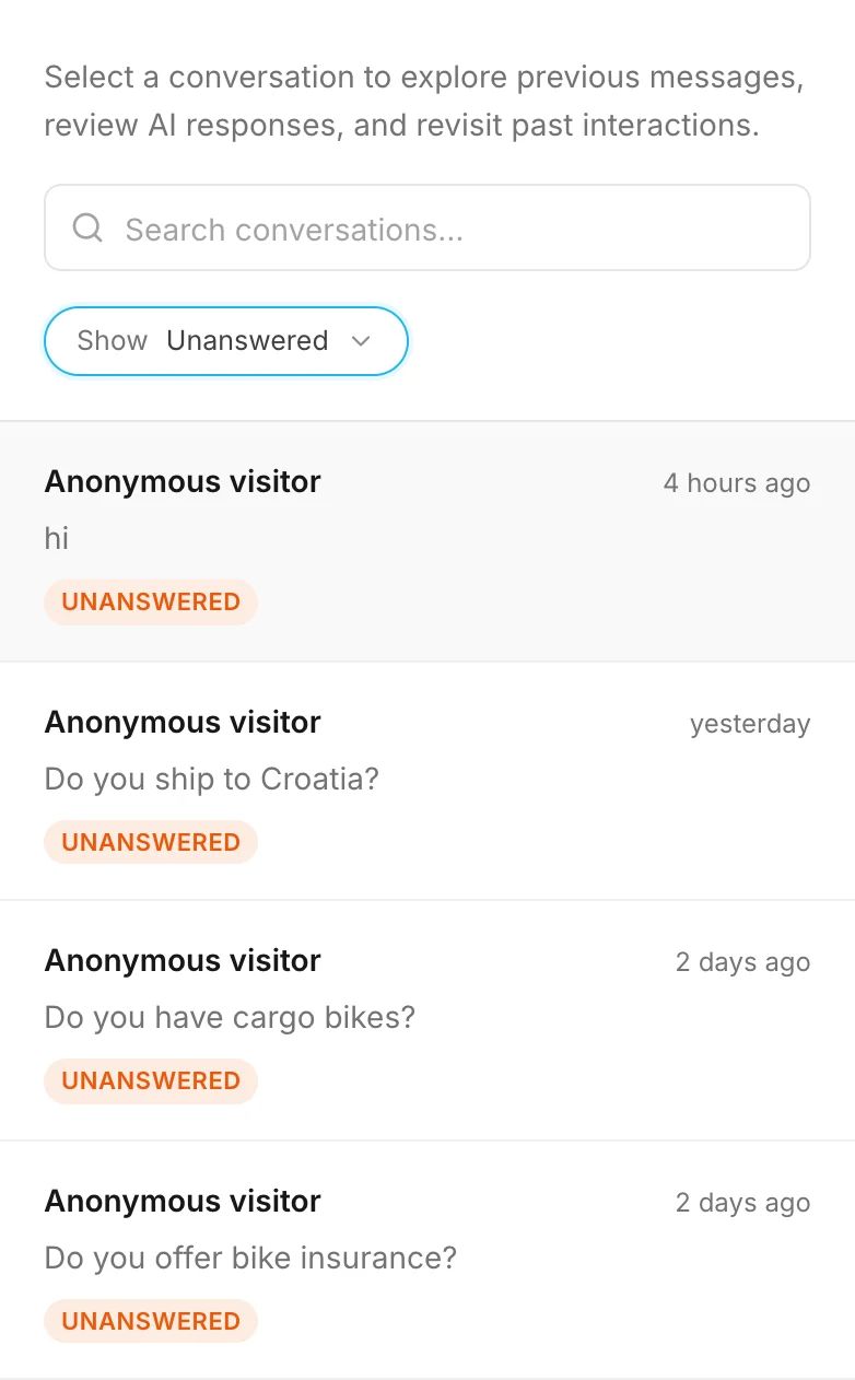 The Unanswered filter: greetings and questions the assistant could not answer