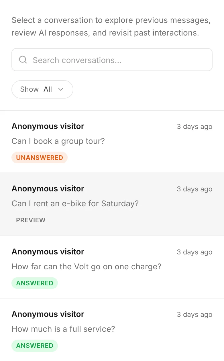 Labels on the list: answered, a test chat, and automated traffic
