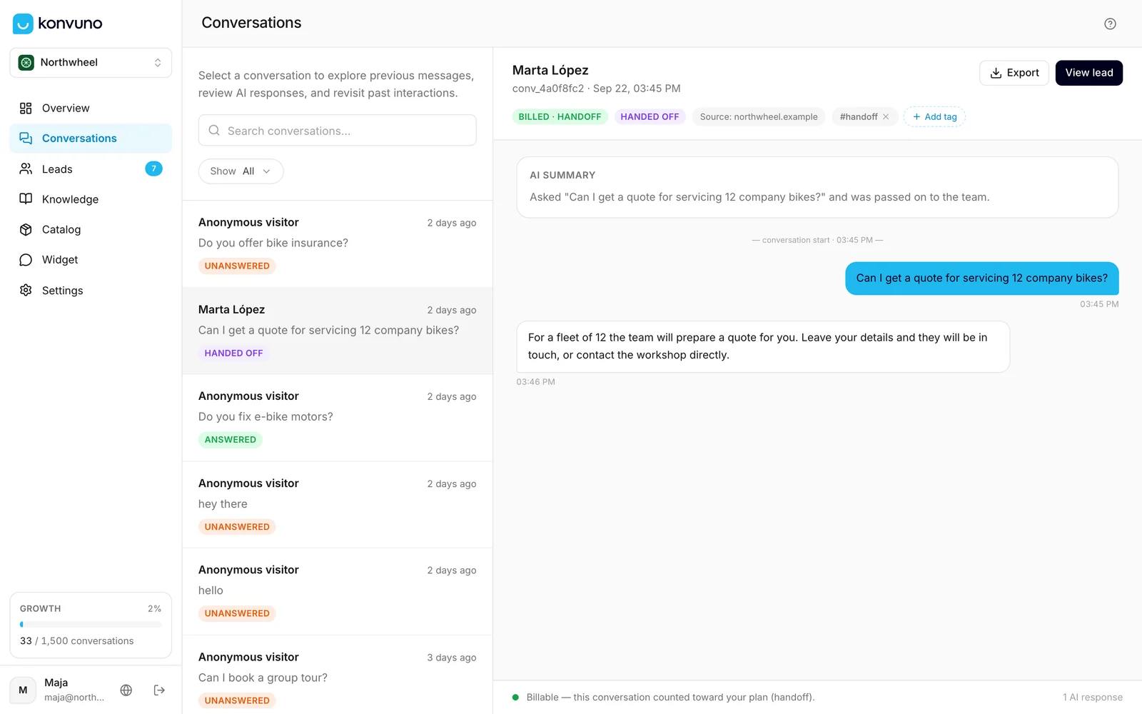 The Conversations screen: the list on the left, the open conversation on the right