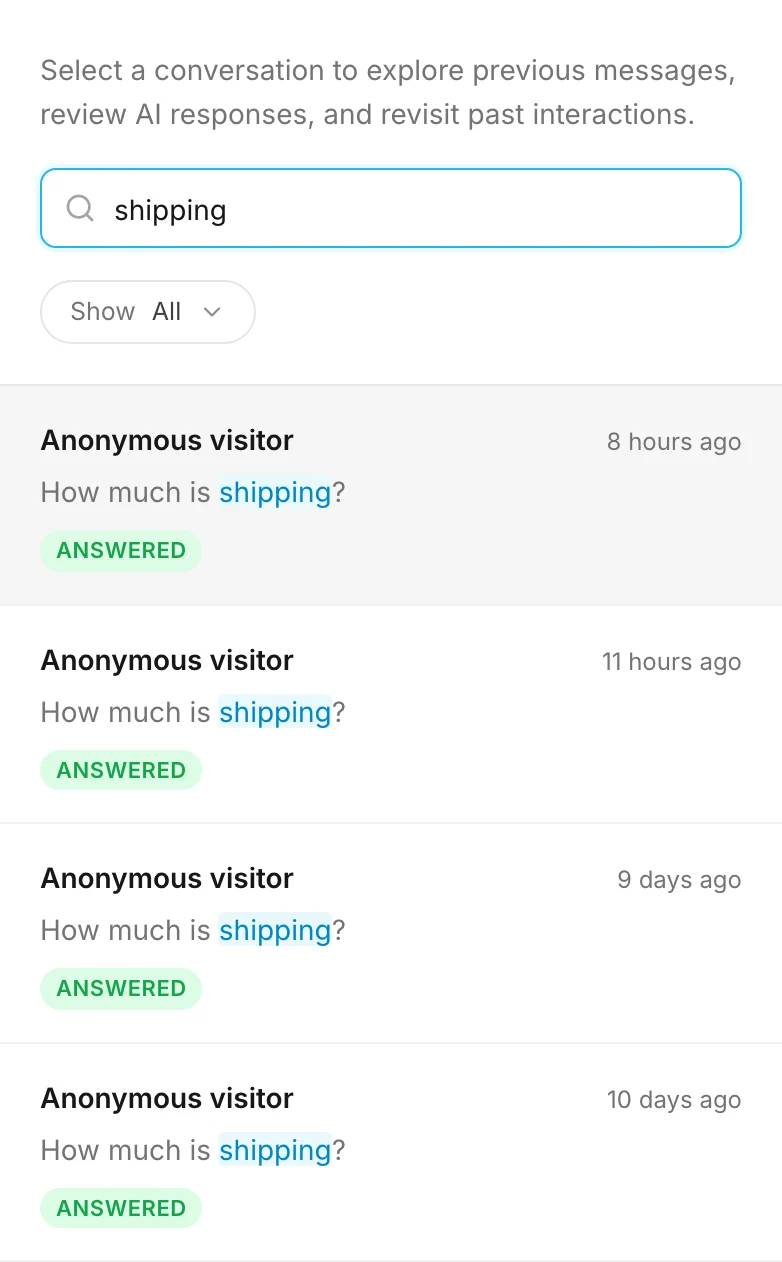 Search results with the matching word highlighted