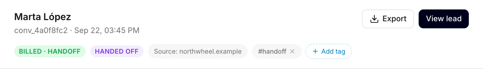 The header of a conversation, with a tag and the button to add another