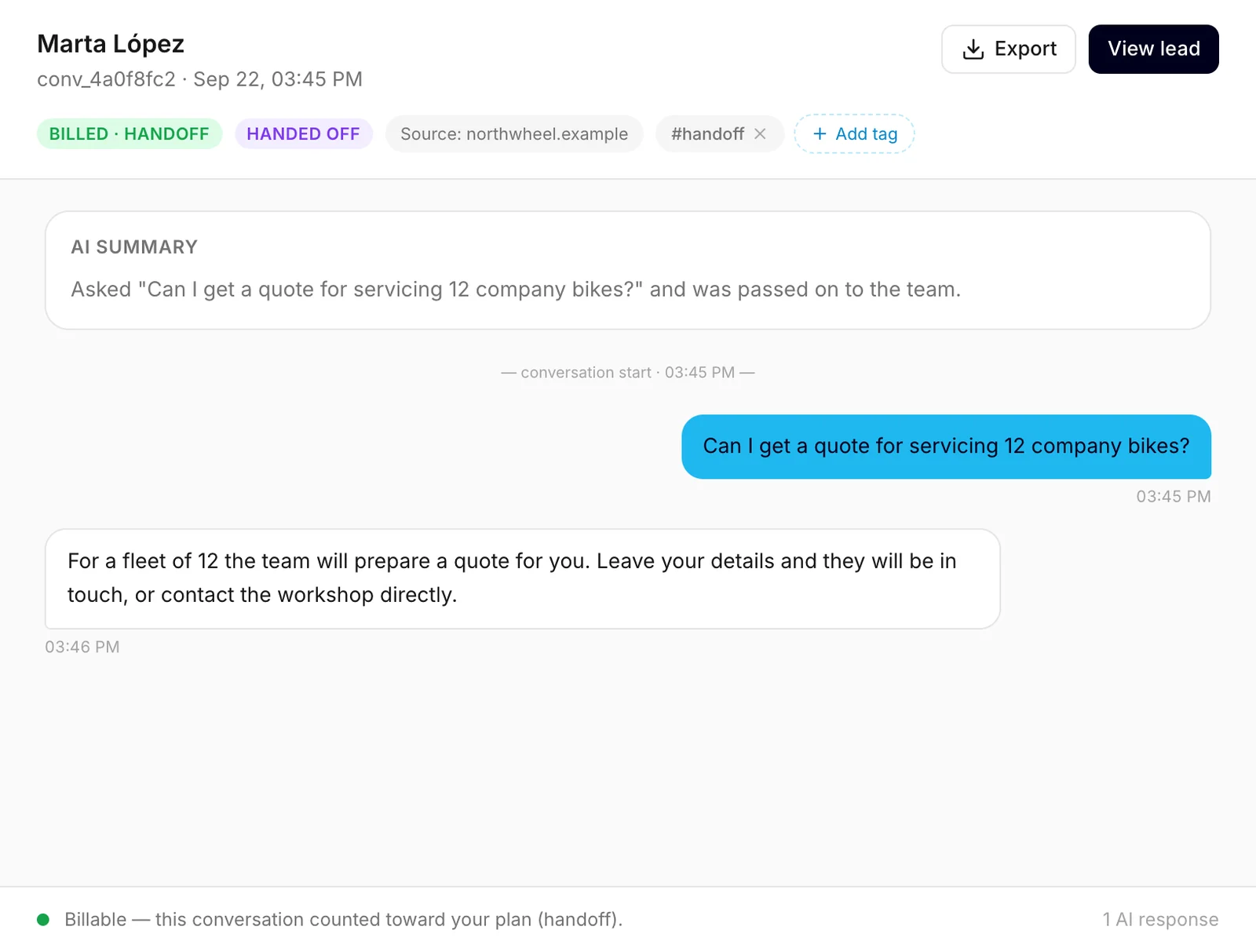 An open conversation: the header with its labels, the AI summary, the messages and the line at the bottom